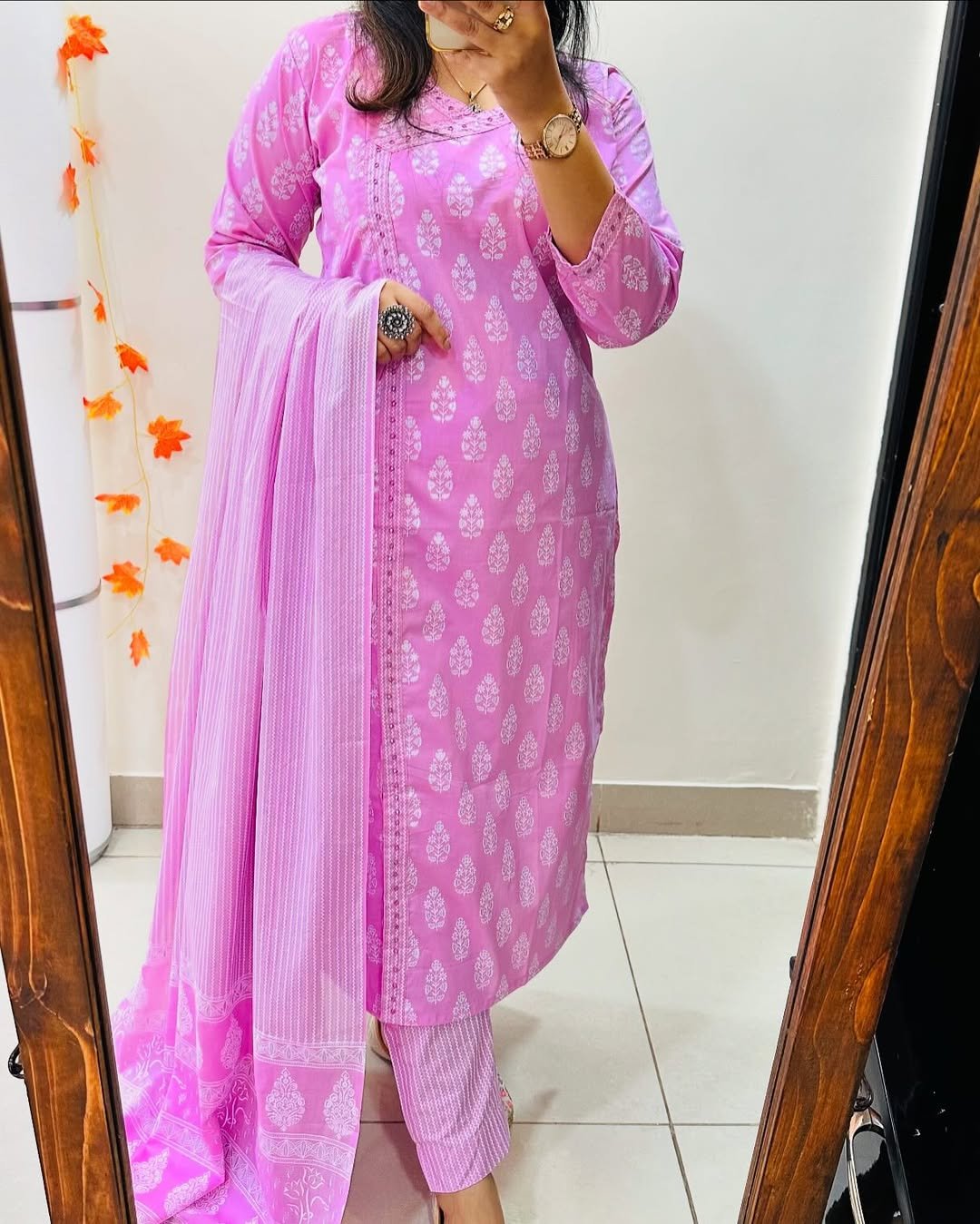 Arayna Women’s Cotton Block Printed Kurta Set with Palazzo Pants & Dupatta - Image 2