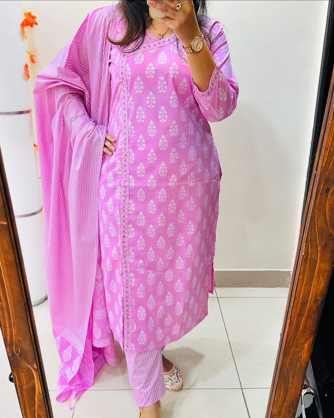 Arayna Women’s Cotton Block Printed Kurta Set with Palazzo Pants & Dupatta - Image 4