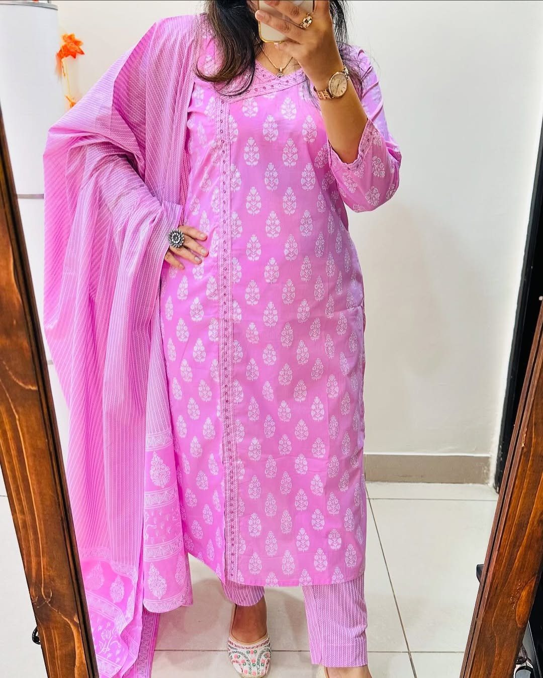 Arayna Women’s Cotton Block Printed Kurta Set with Palazzo Pants & Dupatta