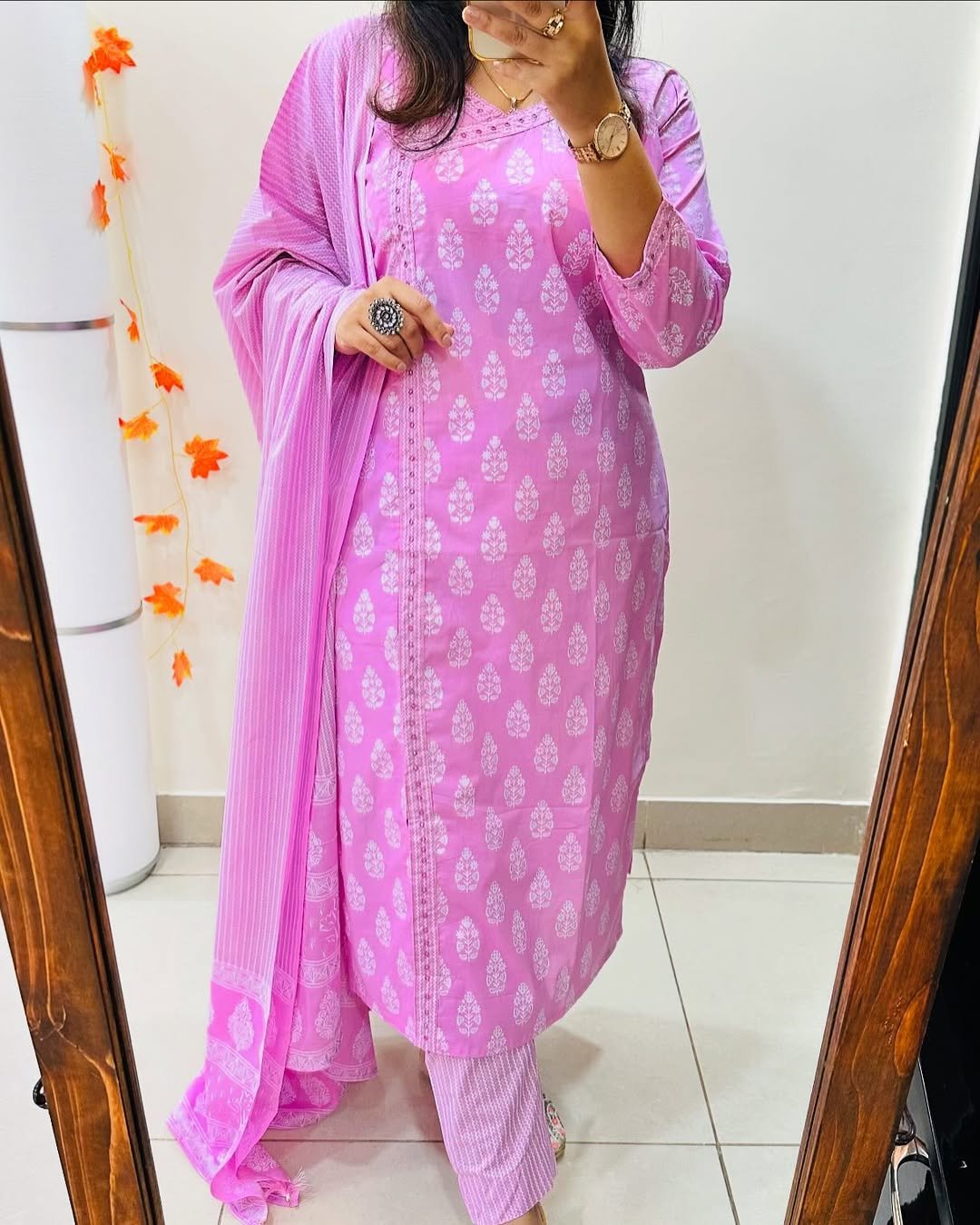 Arayna Women’s Cotton Block Printed Kurta Set with Palazzo Pants & Dupatta - Image 3