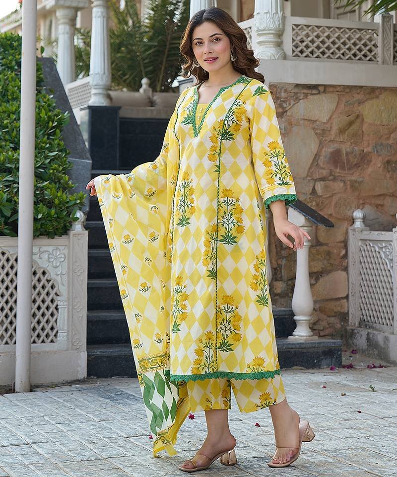 Yellow Floral And Geometric Anarkali Lace Work Kurta Trouser Dupatta Set - Image 3
