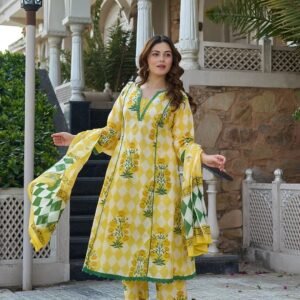 Yellow Floral And Geometric Anarkali Lace Work Kurta Trouser Dupatta Set