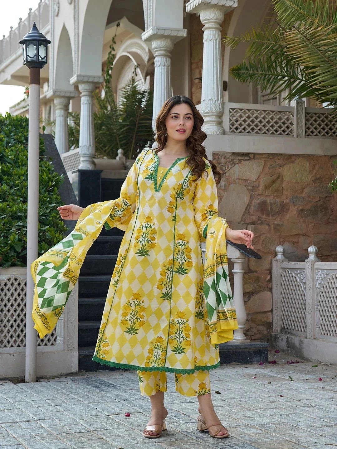 Yellow Floral And Geometric Anarkali Lace Work Kurta Trouser Dupatta Set
