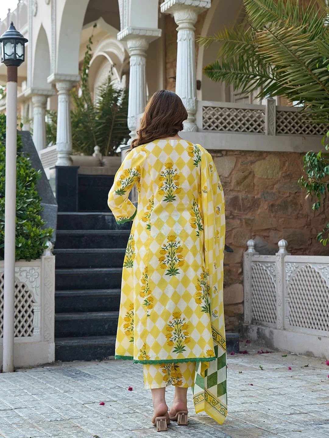 Yellow Floral And Geometric Anarkali Lace Work Kurta Trouser Dupatta Set - Image 2